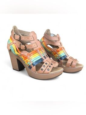 Boho Rainbow Woven Leather Platform Heels Size 7.5 Chunky Sandals